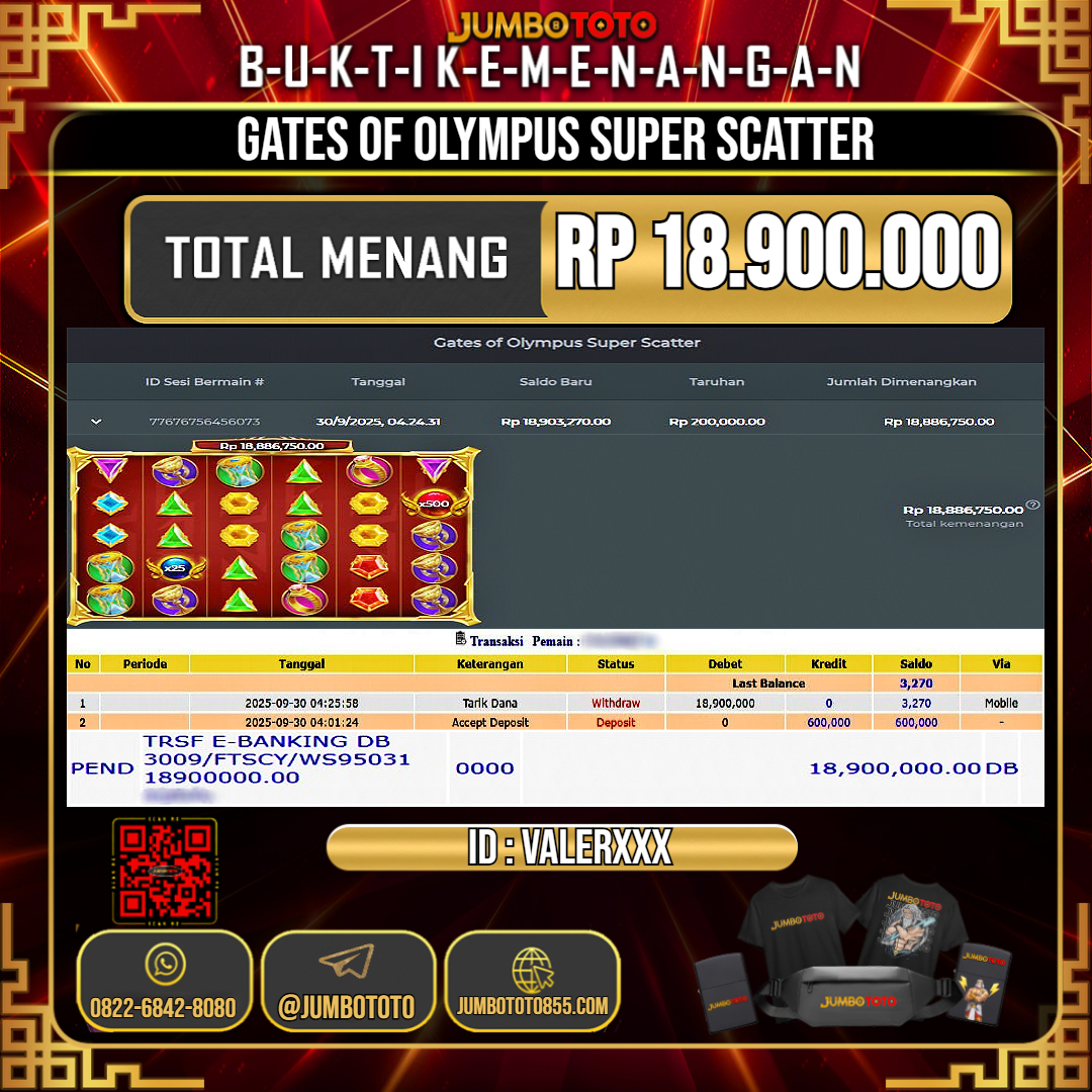 JUMBOTOTO JACKPOT SLOT GATES OF OLYMPUS SUPER SCATTER Rp.18.900.000 LUNAS USER ID : VALER***