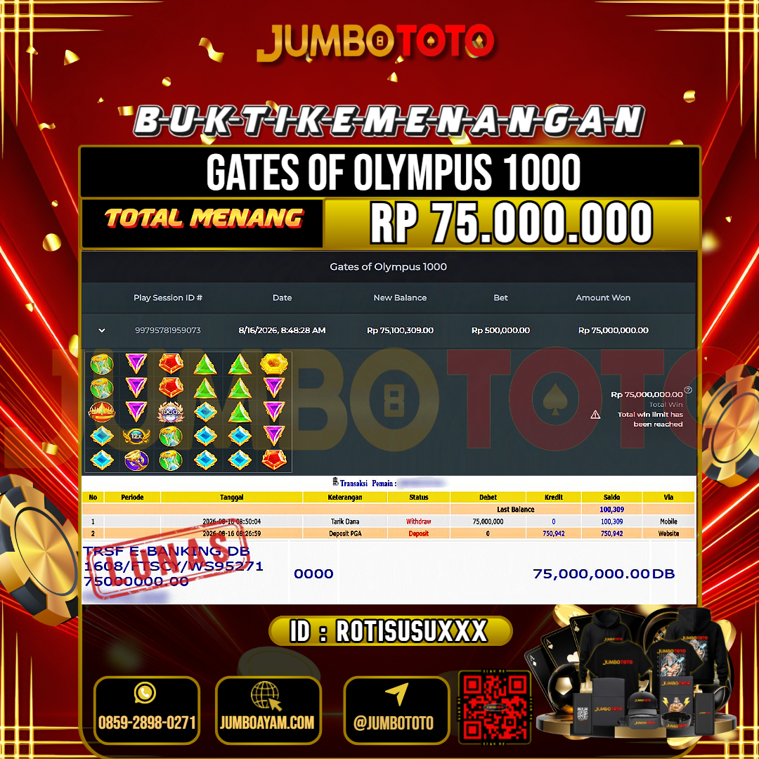 JUMBOTOTO JACKPOT SLOT GATES OF OLYMPUS 1000 Rp.75.000.000 LUNAS USER ID : ROTISUSU***