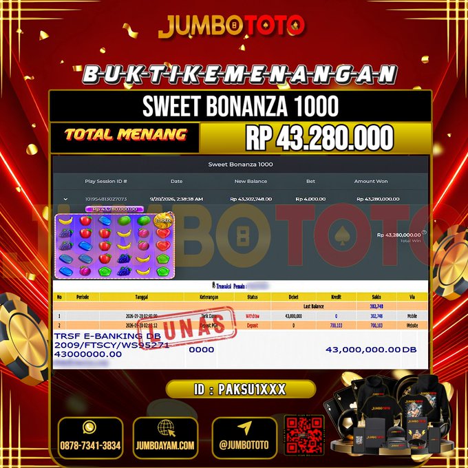 JUMBOTOTO JACKPOT SLOT SWEET BONANZA 1000 Rp.43.280.000 LUNAS USER ID : PAKSU1***