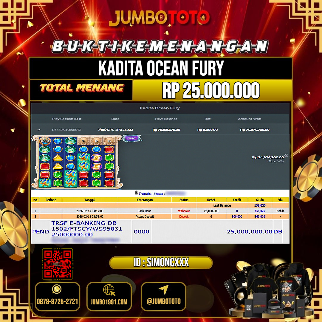 JUMBOTOTO JACKPOT SLOT KADITA OCEAN FURY Rp.25.000.000 LUNAS USER ID : SIMONC***
