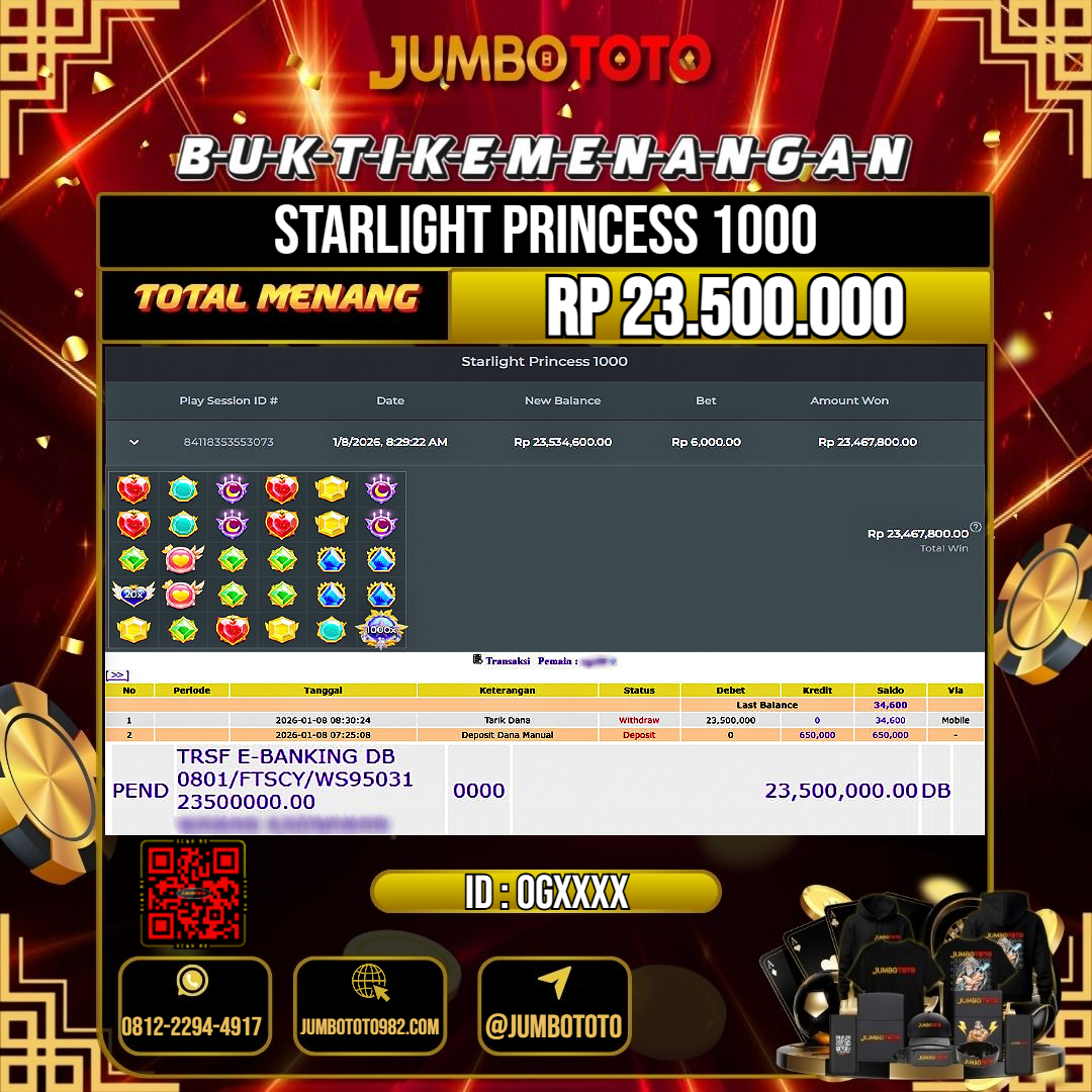 JUMBOTOTO JACKPOT SLOT STARLIGHT PRINCESS 1000 Rp.23.500.000 LUNAS USER ID : OG***