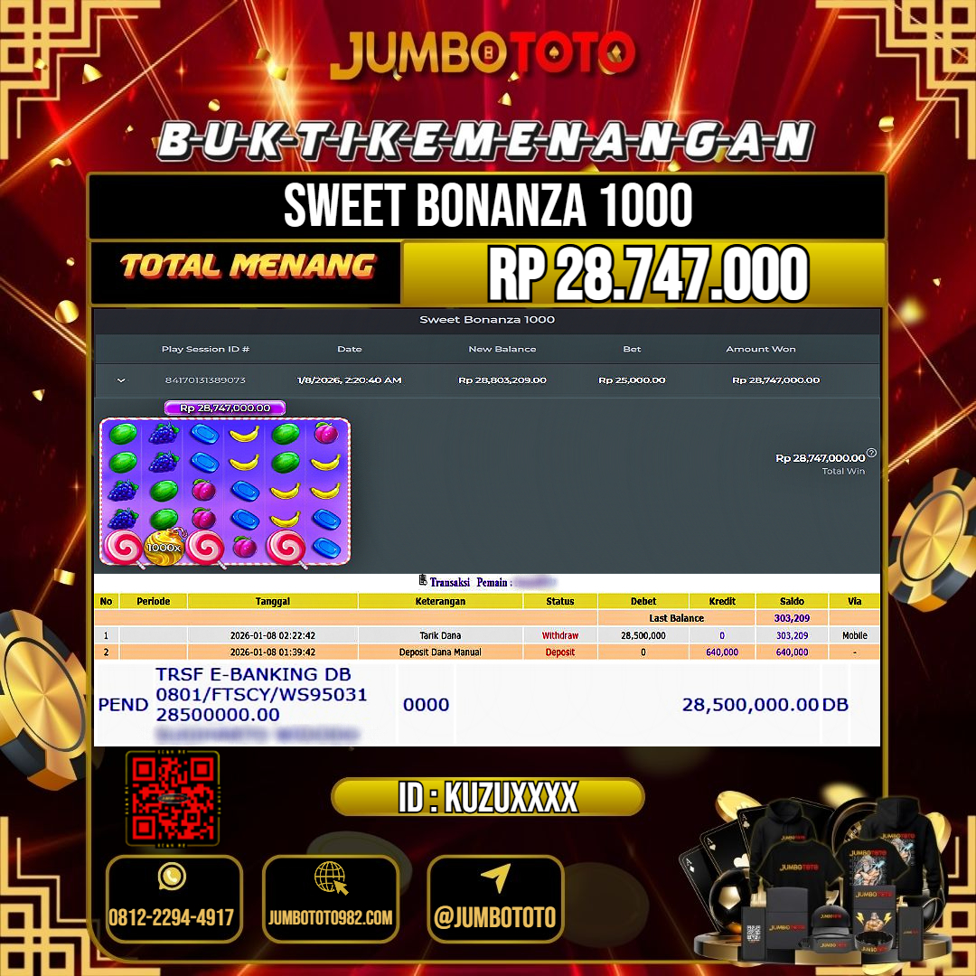 JUMBOTOTO JACKPOT SLOT SWEET BONANZA 1000 Rp.28.747.000 LUNAS USER ID : KUZU***
