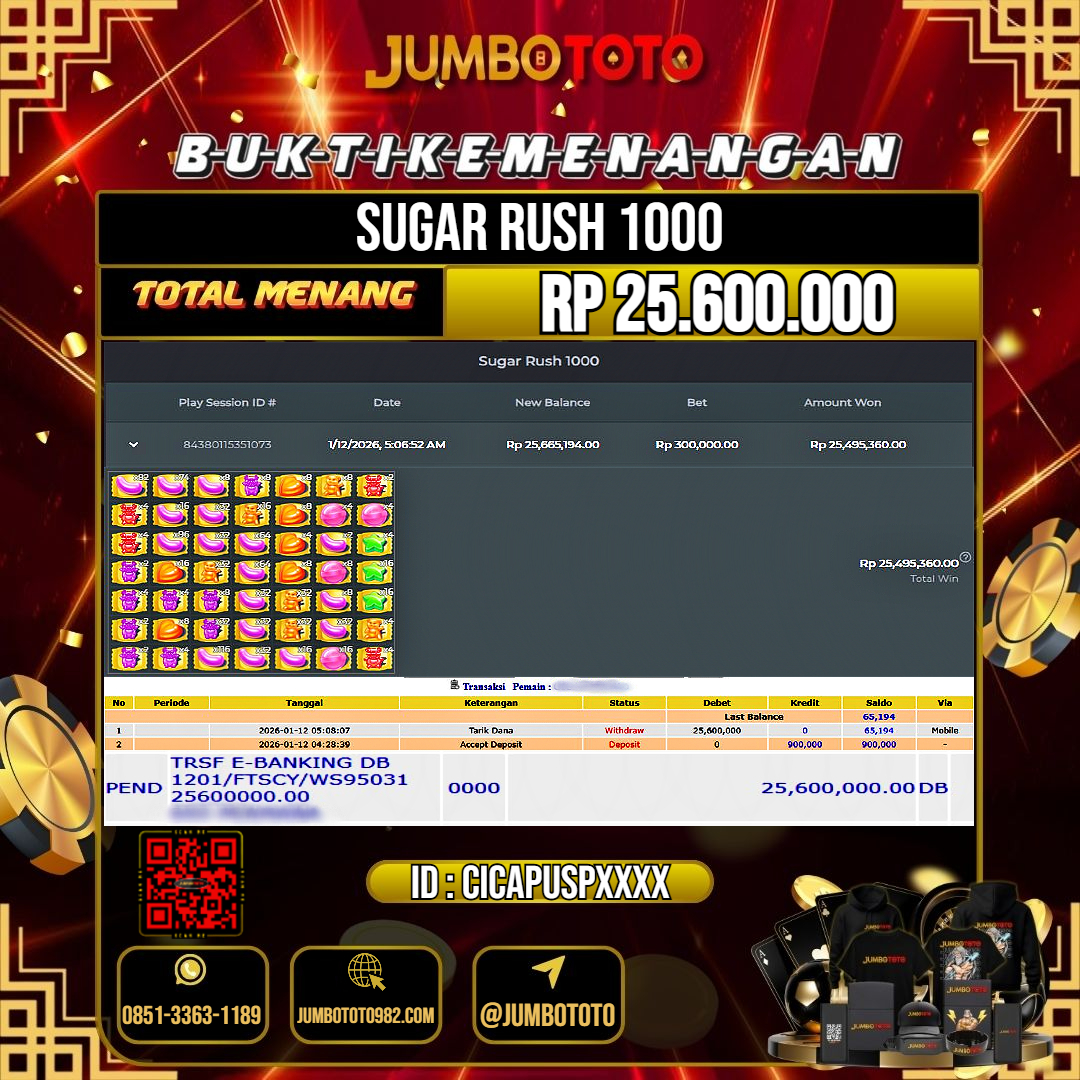 JUMBOTOTO JACKPOT SLOT SUGAR SURH 1000 Rp.25.600.000 LUNAS USER ID : CICAPUSP***