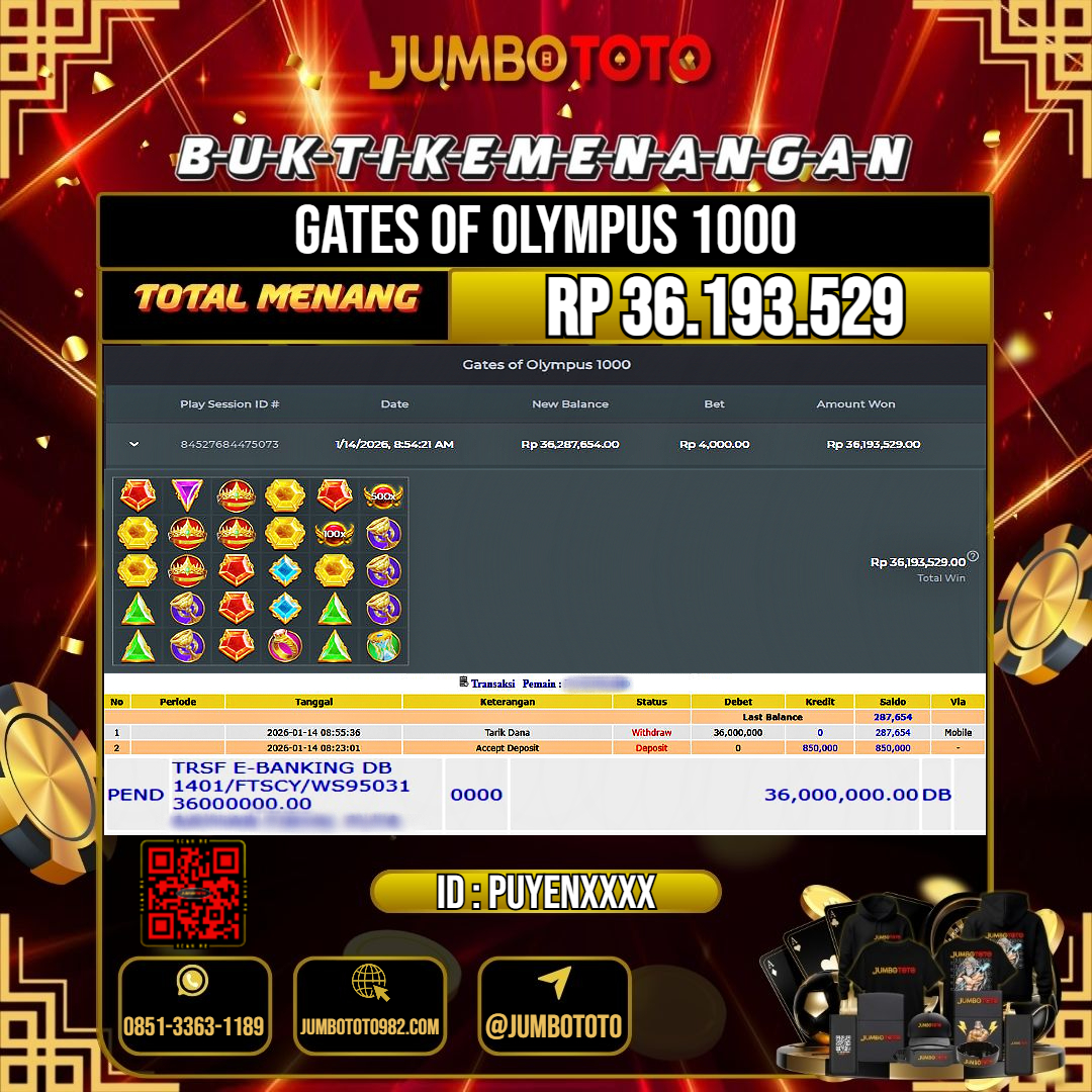JUMBOTOTO JACKPOT SLOT GATES OF OLYMPUS 1000 Rp.36.193.529 LUNAS USER ID : PUYEN***