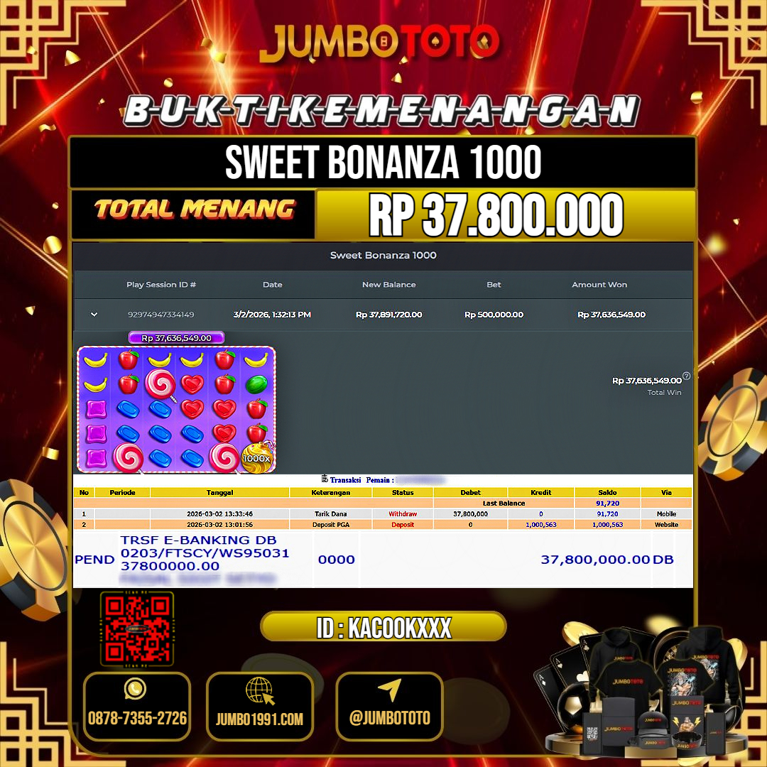 JUMBOTOTO JACKPOT SLOT SWEET BONANZA 1000 Rp.37.800.000 LUNAS USER ID : KACOOK***