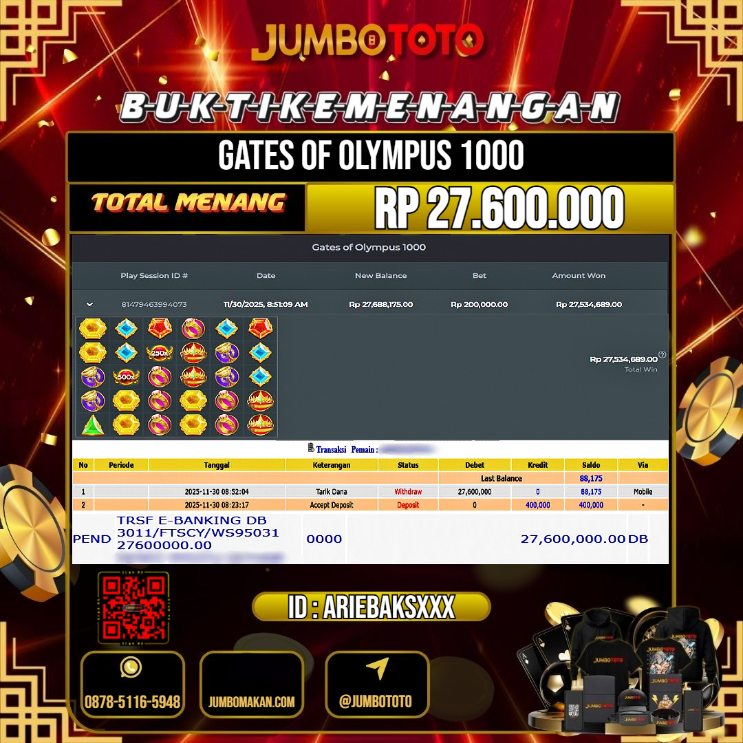 JUMBOTOTO JACKPOT SLOT GATES OF OLYMPUS 1000 Rp.27.600.000 LUNAS USER ID : ARIEBAKS***