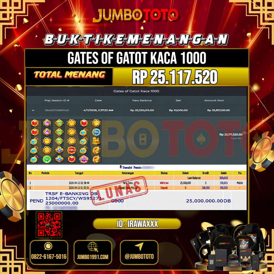 JUMBOTOTO JACKPOT SLOT GATES OF GATOT KACA 1000 Rp.25.117.520 LUNAS USER ID : IRAWA***