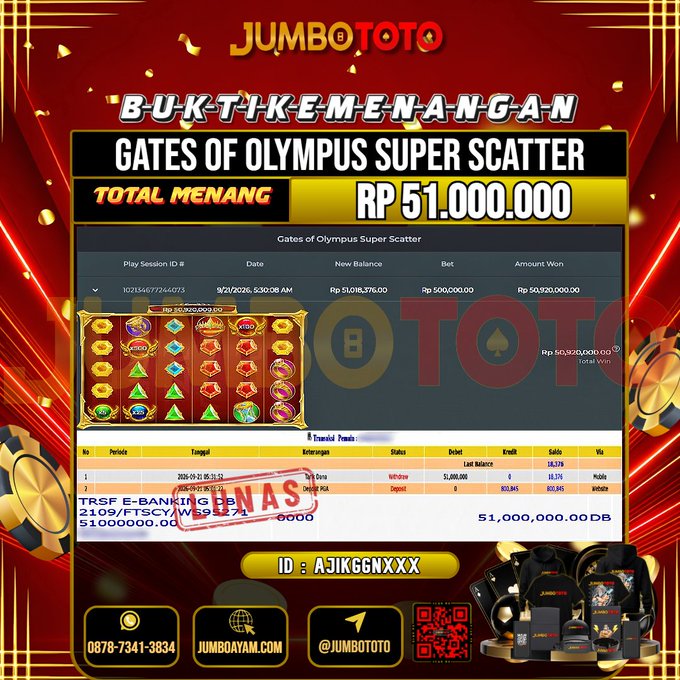 JUMBOTOTO JACKPOT SLOT GATES OF OLYMPUS SUPER SCATTER Rp.51.000.000 LUNAS USER ID : AJIKGGN***