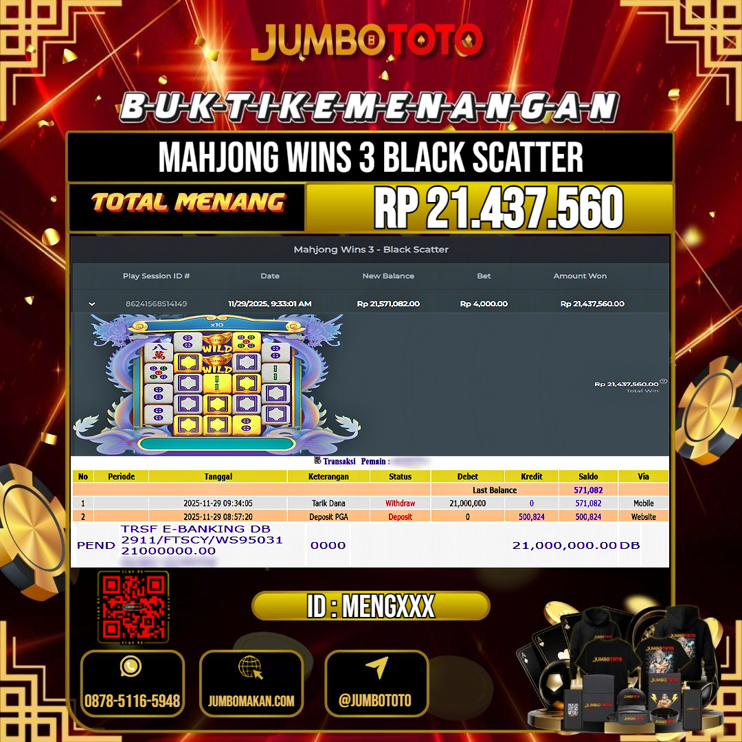 JUMBOTOTO JACKPOT SLOT MAHJONG WINS 3 BLACK SCATTER Rp.21.437.560 LUNAS USER ID : MENG***
