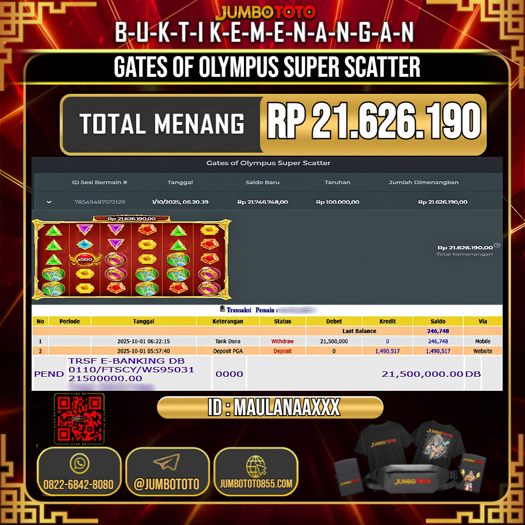 JUMBOTOTO JACKPOT SLOT GATES OF OLYMPUS SUPER SCATTER Rp.21.626.190 LUNAS USER ID : MAULANAA***