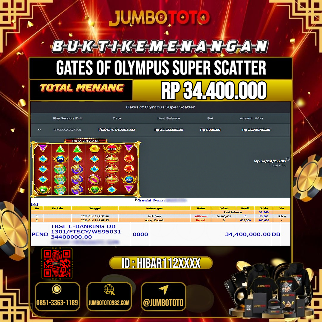 JUMBOTOTO JACKPOT SLOT GATES OF OLYMPUS SUPER SCATTER Rp.34.400.000 LUNAS USER ID : HIBAR112***