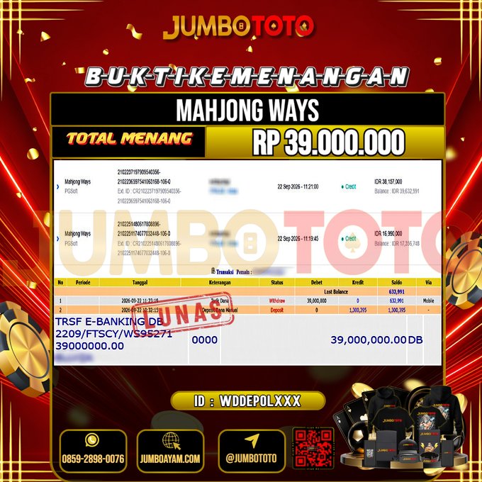 JUMBOTOTO JACKPOT SLOT MAHJONG WAYS Rp.39.000.000 LUNAS USER ID : WDDEPOL***