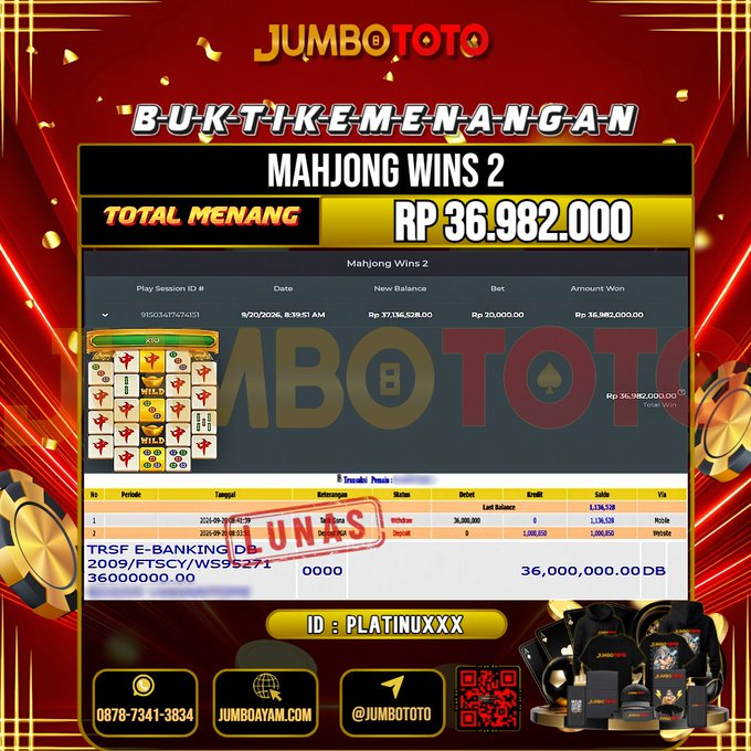 JUMBOTOTO JACKPOT SLOT MAHJONG WINS 2 Rp.36.982.000 LUNAS USER ID : PLATINU***
