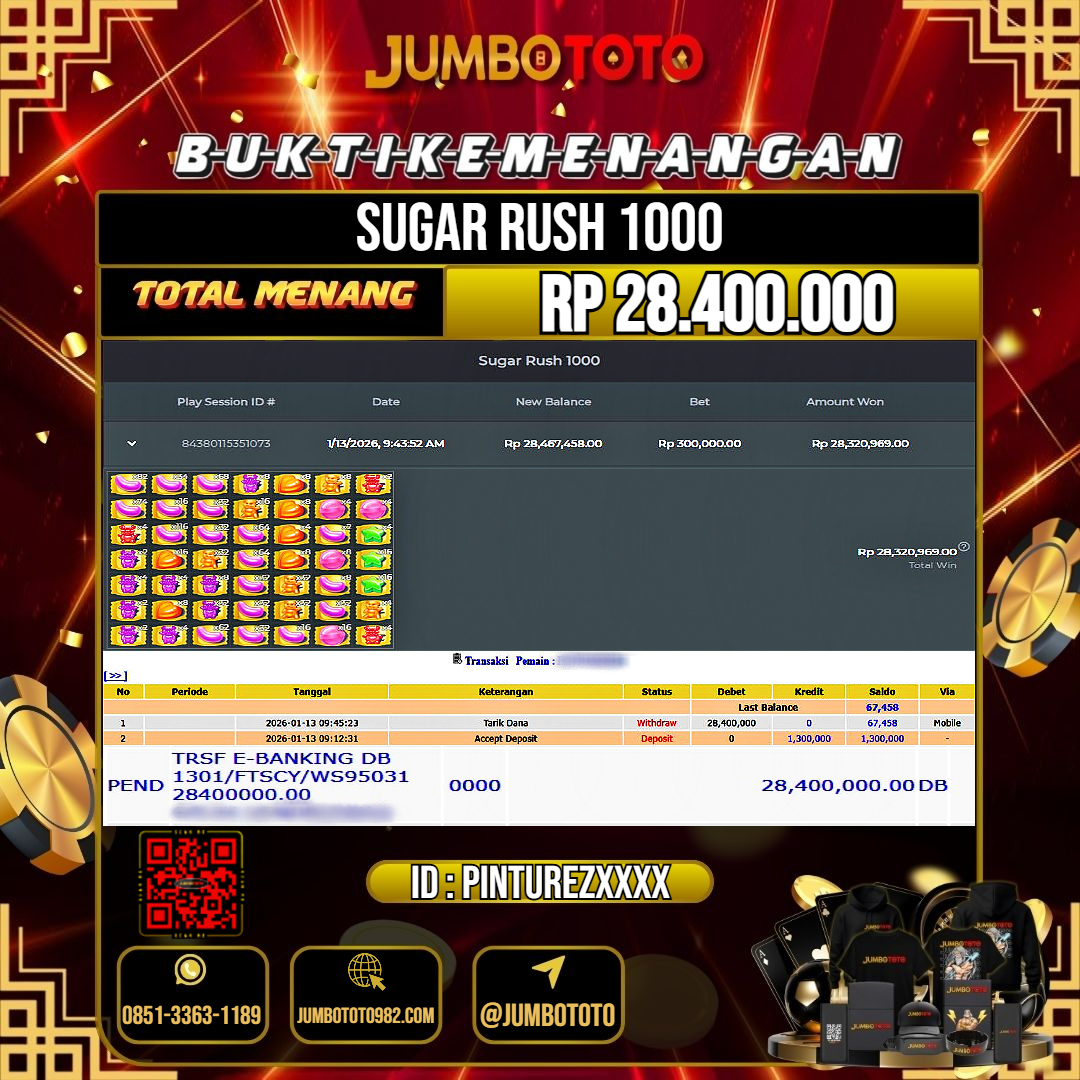 JUMBOTOTO JACKPOT SLOT SUGAR RUSH 1000 Rp.28.400.000 LUNAS USER ID : PINTUREZ***