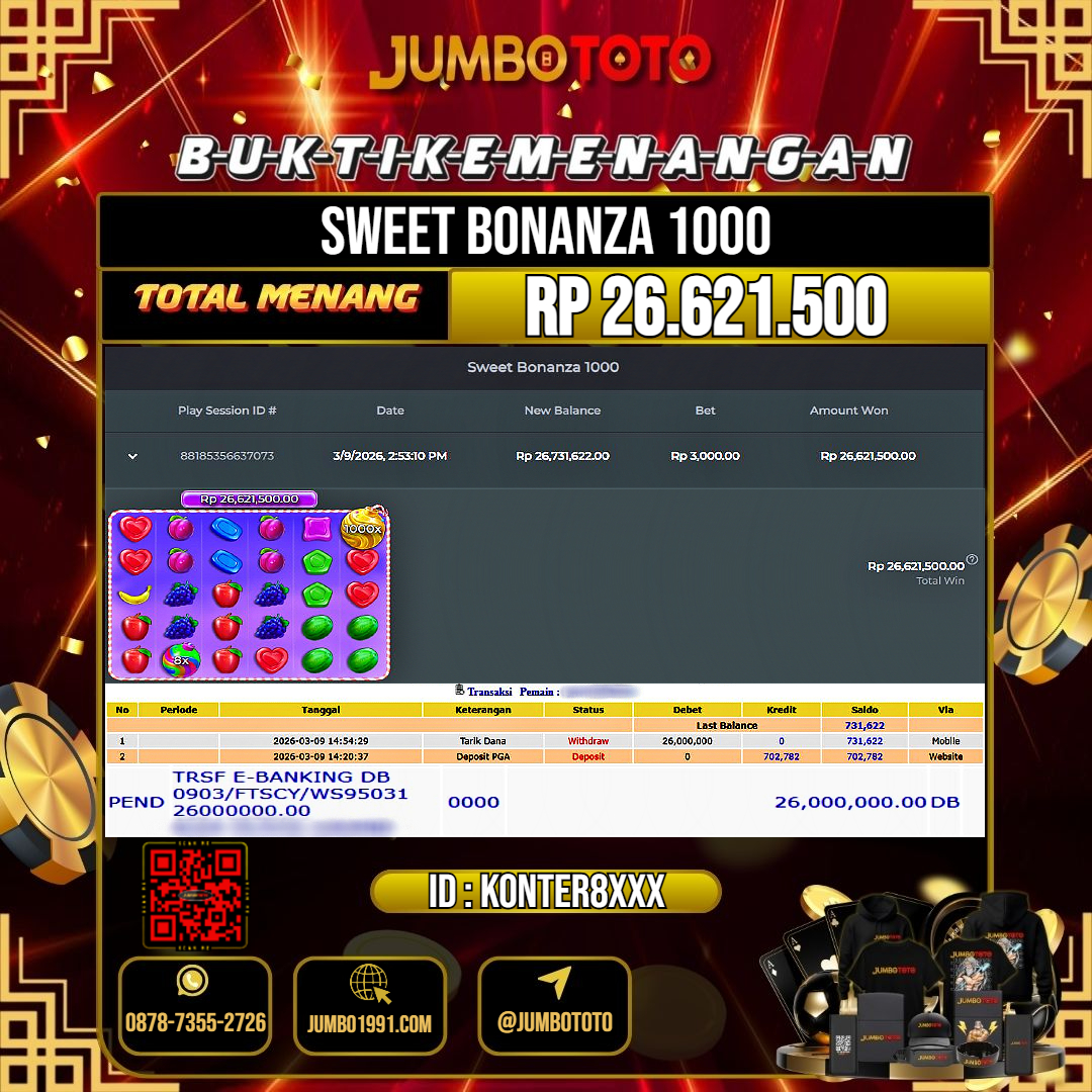 JUMBOTOTO JACKPOT SLOT SWEET BONANZA 1000 Rp.26.621.500 LUNAS USER ID : KONTER8***