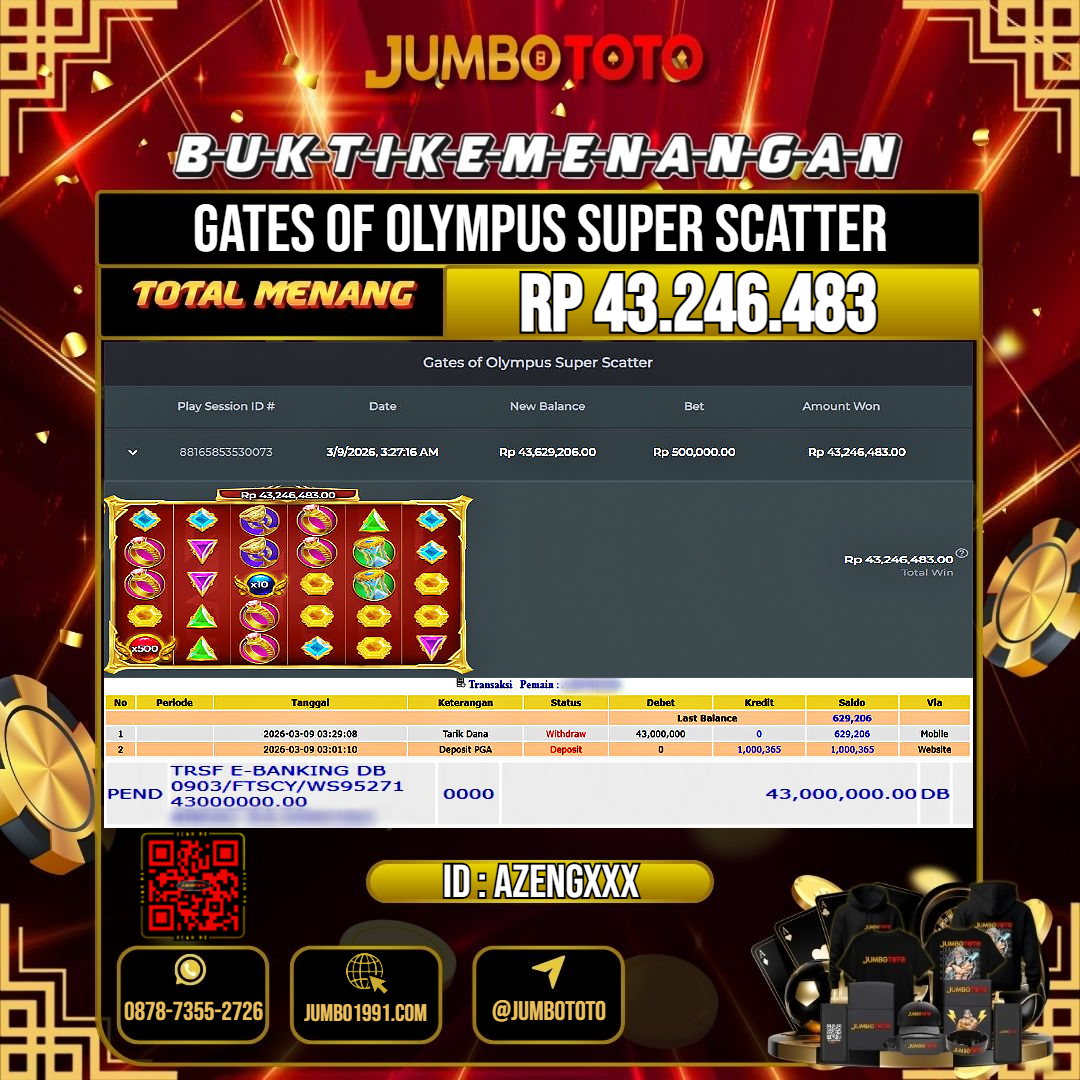 JUMBOTOTO JACKPOT SLOT GATES OF OLYMPUS SUPER SCATTER Rp.43.246.483 LUNAS USER ID : AZENG***