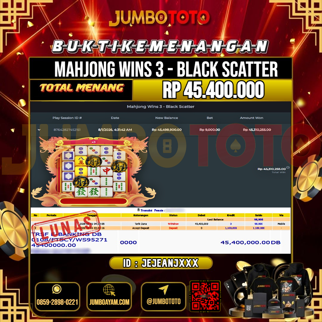 JUMBOTOTO JACKPOT SLOT MAHJONG WINS 3 - BLACK SCATTER Rp.45.400.000 LUNAS USER ID : JEJEANJ***