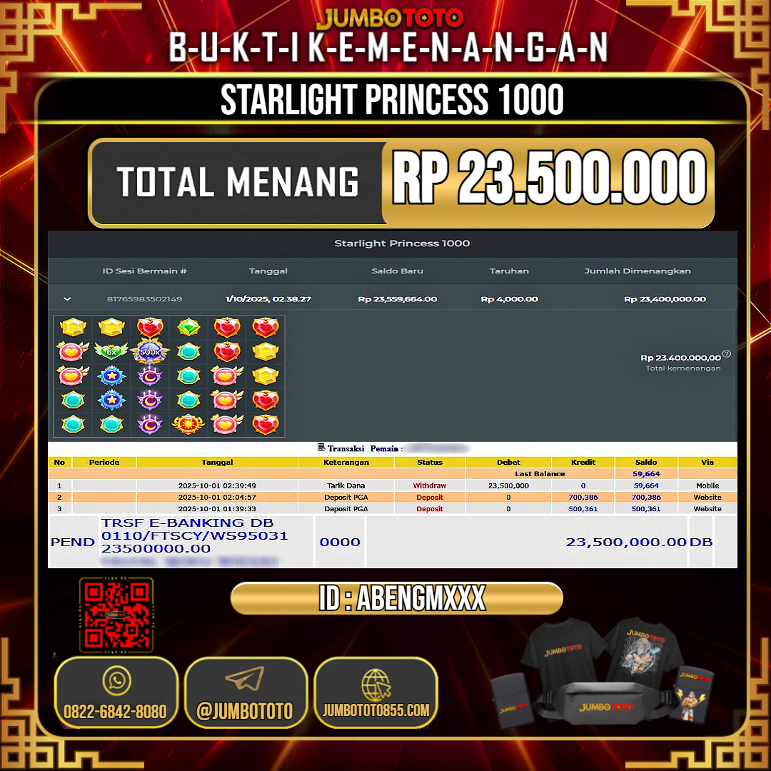 JUMBOTOTO JACKPOT SLOT STARLIGHT PRINCESS 1000 Rp.23.500.000 LUNAS USER ID : ABENGM***