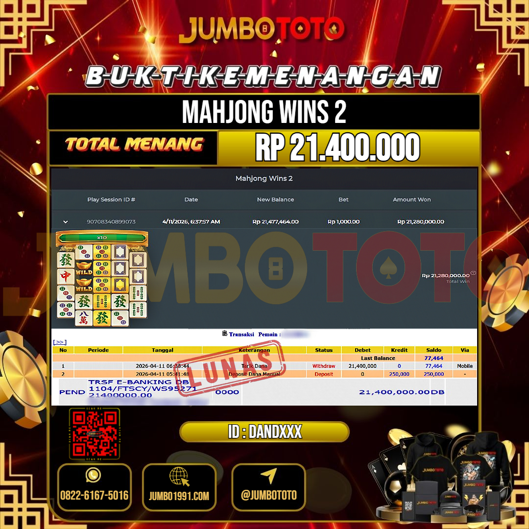 JUMBOTOTO JACKPOT SLOT MAHJONG WINS 2 Rp.21.400.000 LUNAS USER ID : DAND***