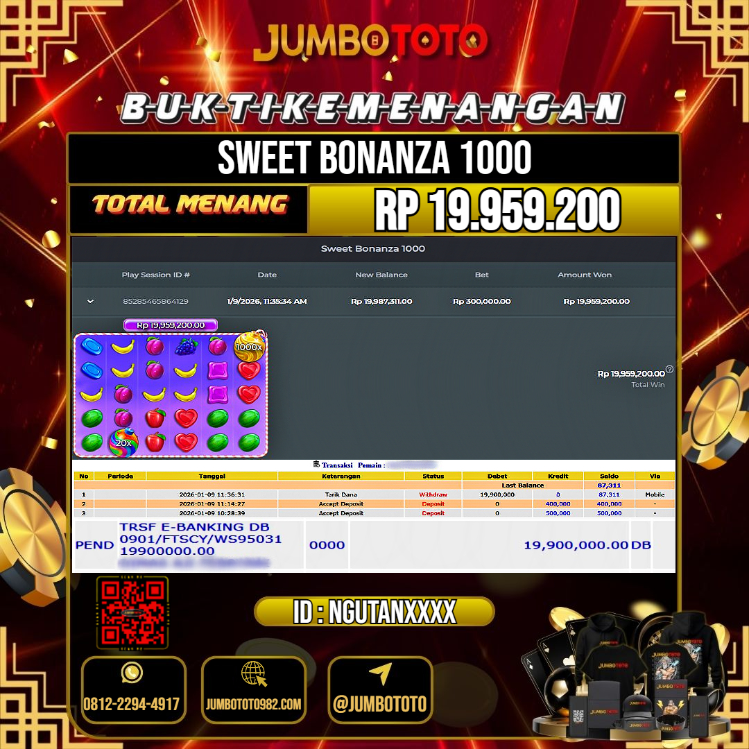 JUMBOTOTO JACKPOT SLOT SWEET BONANZA 1000 Rp.19.959.200 LUNAS USER ID : NGUTAN***