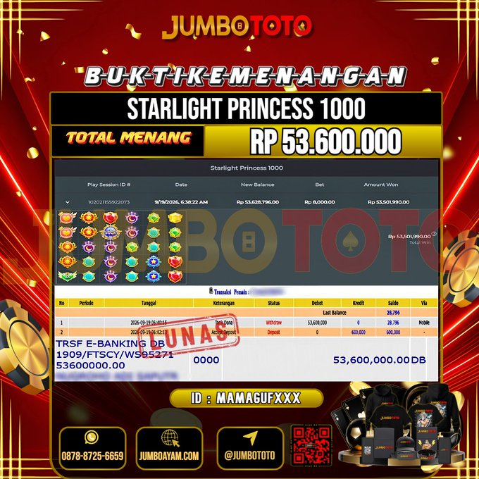JUMBOTOTO JACKPOT SLOT STARLIGHT PRINCESS 1000 Rp.53.600.000 LUNAS USER ID : MAMAGUF***