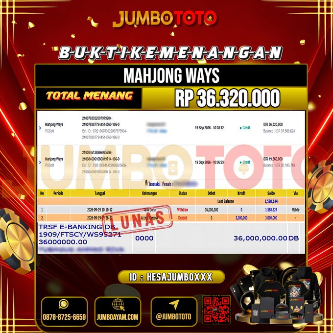 JUMBOTOTO JACKPOT SLOT MAHJONG WAYS Rp.36.320.000 LUNAS USER ID : HESAJUMBO***