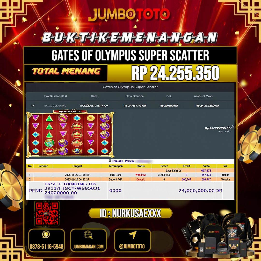 JUMBOTOTO JACKPOT SLOT GATES OF OLYMPUS SUPER SCATTER Rp.24.255.350 LUNAS USER ID : NARKUSAE***