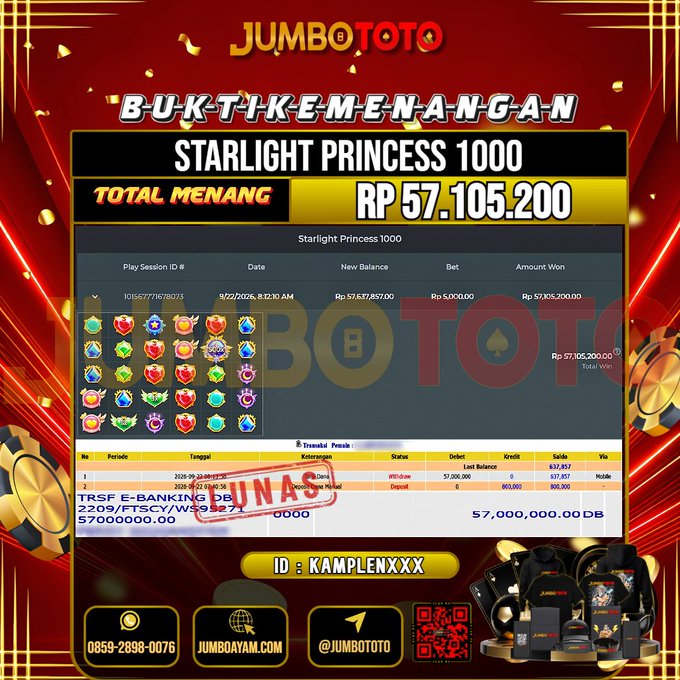 JUMBOTOTO JACKPOT SLOT STARLIGHT PRINCESS 1000 Rp.57.105.200 LUNAS USER ID : KAMPLEN***