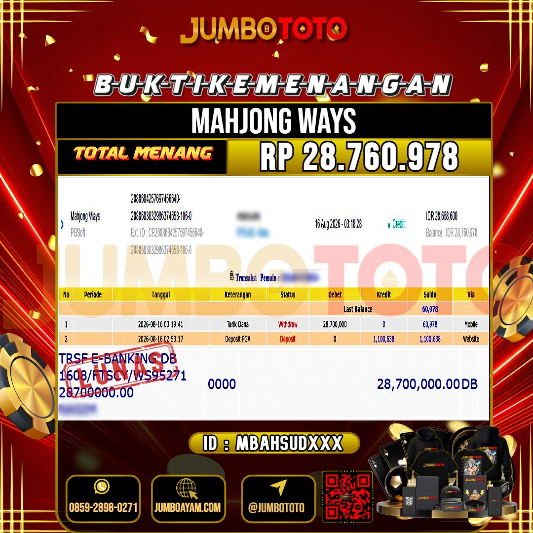 JUMBOTOTO JACKPOT SLOT MAHJONG WAYS Rp.28.760.978 LUNAS USER ID : MBAHSUD***