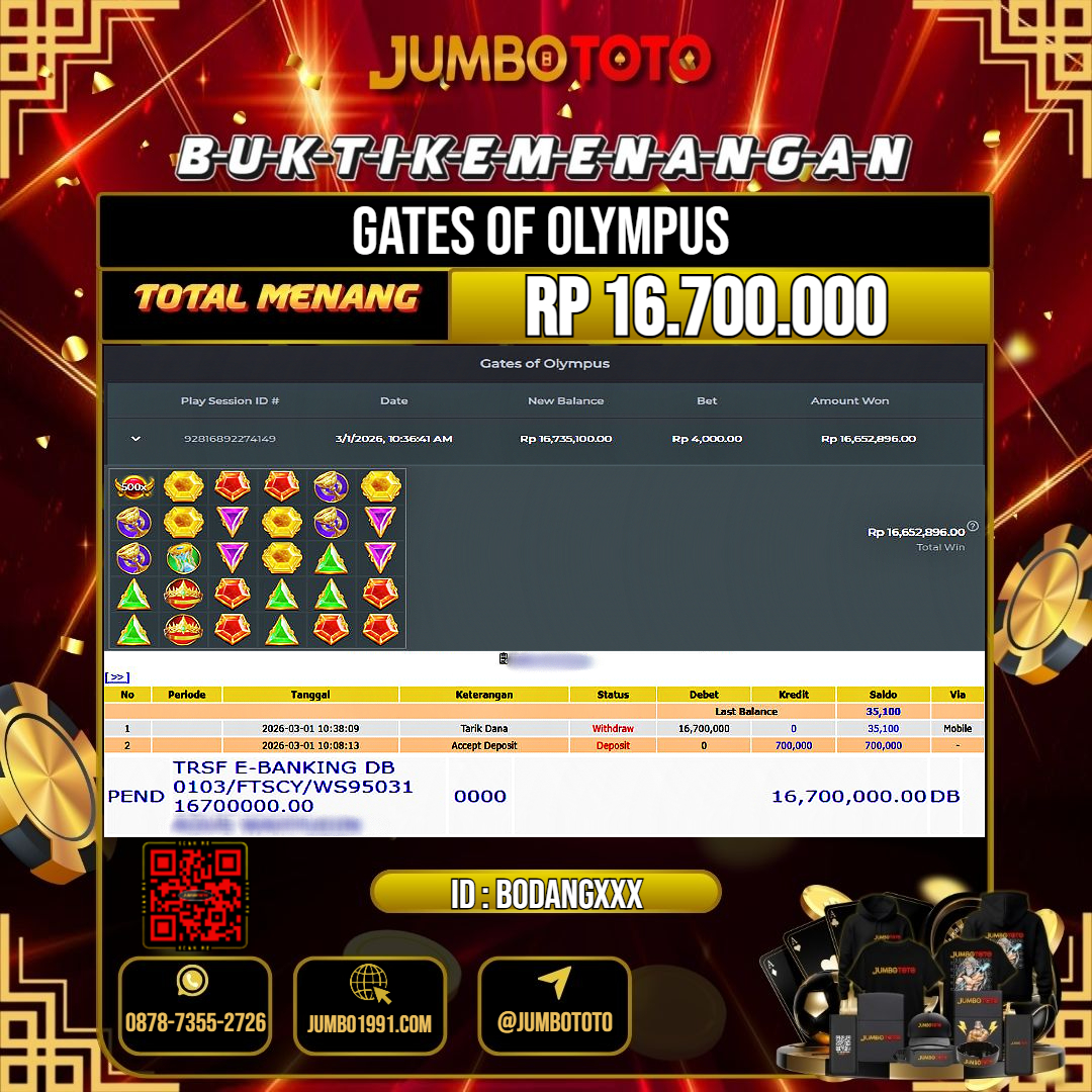 JUMBOTOTO JACKPOT SLOT GATES OF OLYMPUS Rp.16.700.000 LUNAS USER ID : BODANG***