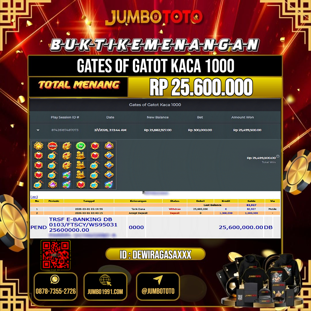 JUMBOTOTO JACKPOT SLOT GATES OF GATOT KACA 1000 Rp.25.600.000 LUNAS USER ID : DEWIRAGASA***