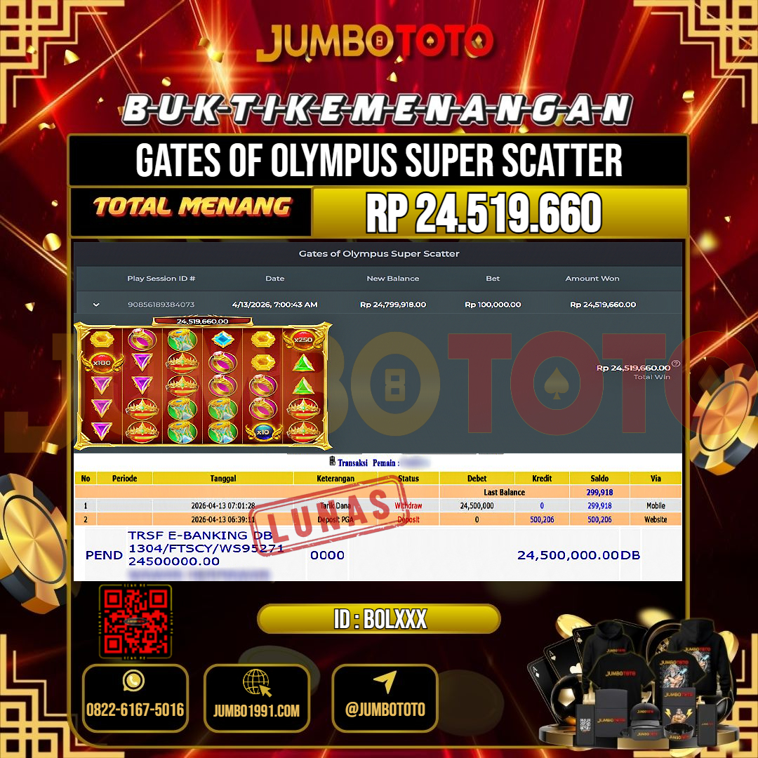JUMBOTOTO JACKPOT SLOT GATES OF OLYMPUS SUPER SCATTER Rp.24.519.660 LUNAS USER ID : BOL***