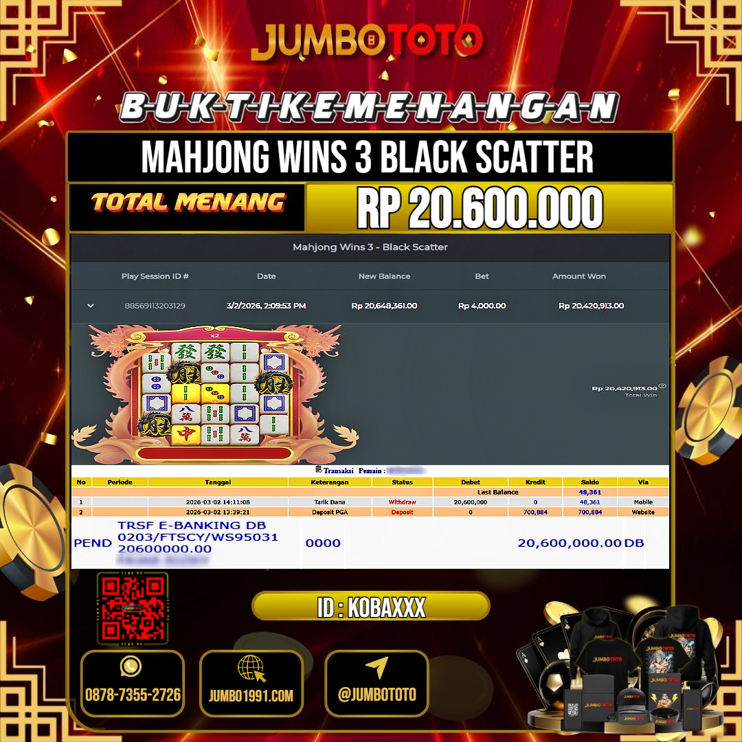 JUMBOTOTO JACKPOT SLOT MAHJONG WINS 3 BLACK SCATTER Rp.20.600.000 LUNAS USER ID : KOBA***