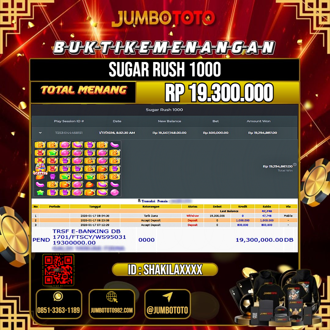 JUMBOTOTO JACKPOT SLOT SUGAR RUSH 1000 Rp.19.300.000 LUNAS USER ID : SHAKILA***