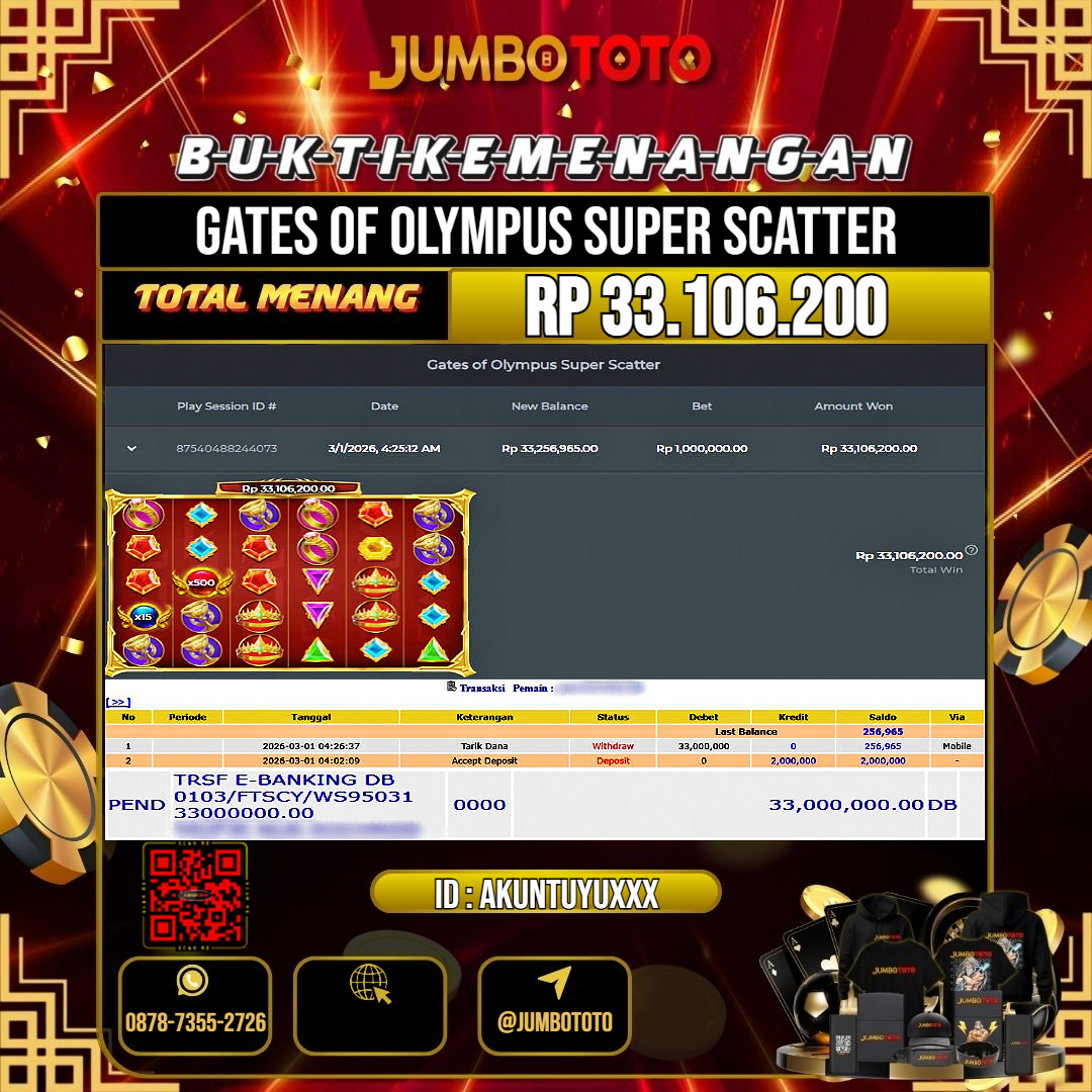 JUMBOTOTO JACKPOT SLOT GATES OF OLYMPUS SUPER SCATTER Rp.33.106.200 LUNAS USER ID : AKUNTUYU***