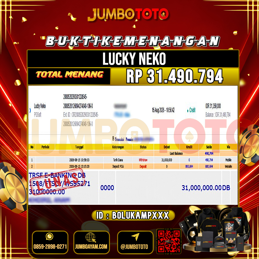 JUMBOTOTO JACKPOT SLOT LUCKY NEKO Rp.31.359.000 LUNAS USER ID : BOLUKAMP***