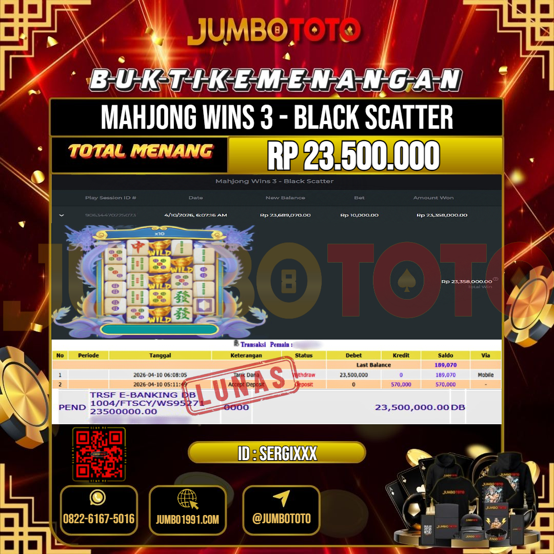 JUMBOTOTO JACKPOT SLOT MAHJONG WINS 3 - BLACK SCATTER Rp.23.500.000 LUNAS USER ID : SERGI***