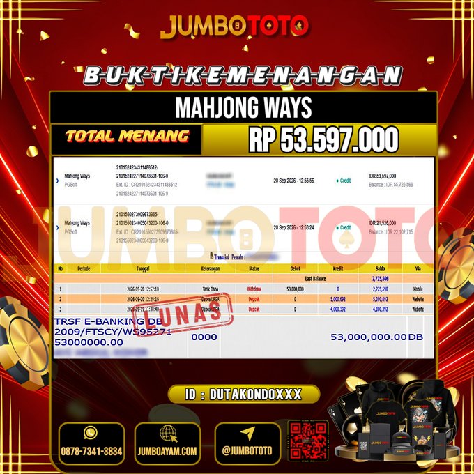 JUMBOTOTO JACKPOT SLOT MAHJONG WAYS Rp.53.597.000 LUNAS USER ID : DUTAKONDO***