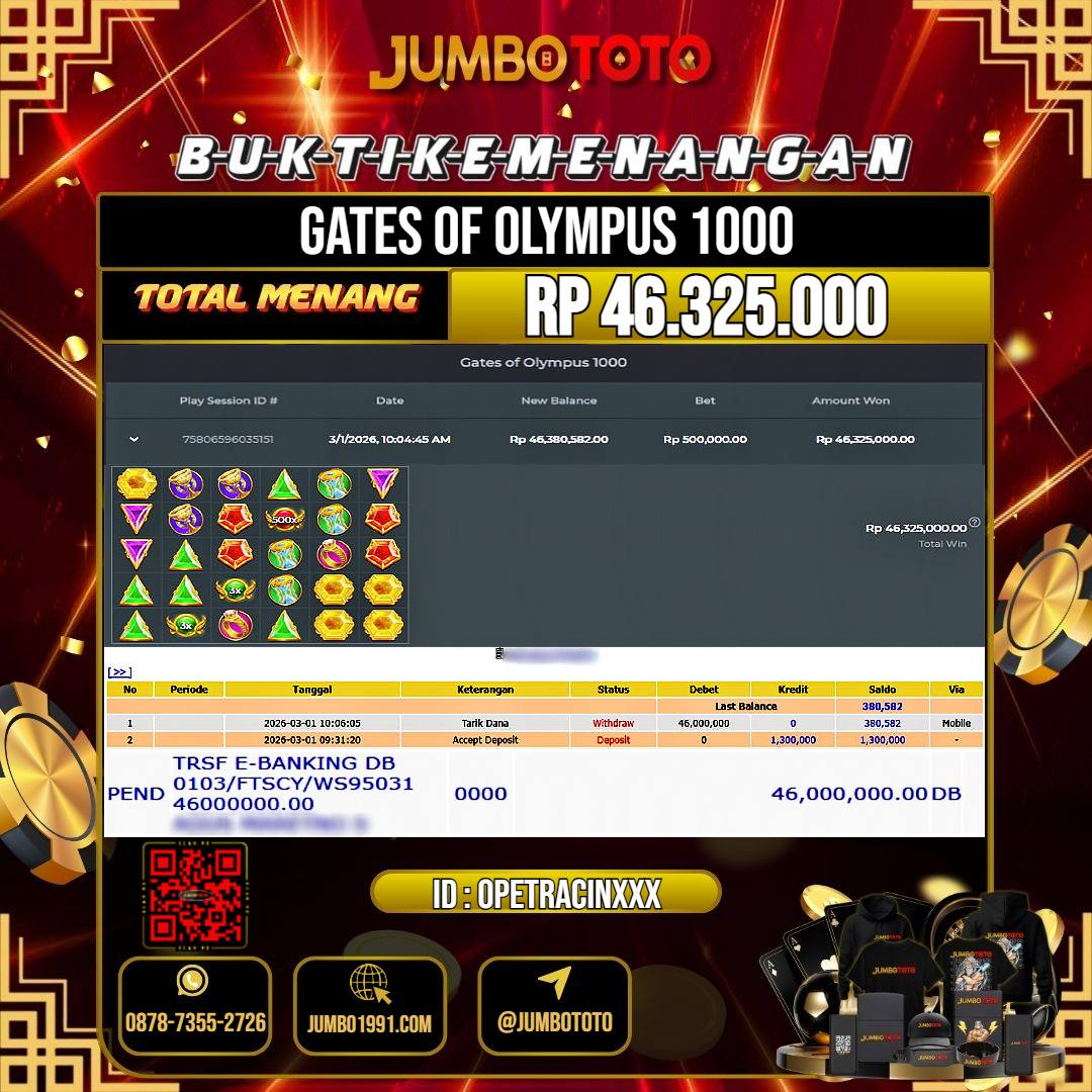 JUMBOTOTO JACKPOT SLOT GATES OF OLYMPUS 1000 Rp.46.325.000 LUNAS USER ID : OPETRACIN***