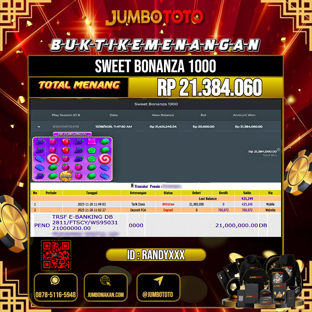JUMBOTOTO JACKPOT SLOT SWEET BONANZA 1000 Rp.21.384.060 LUNAS USER ID : RANDY***