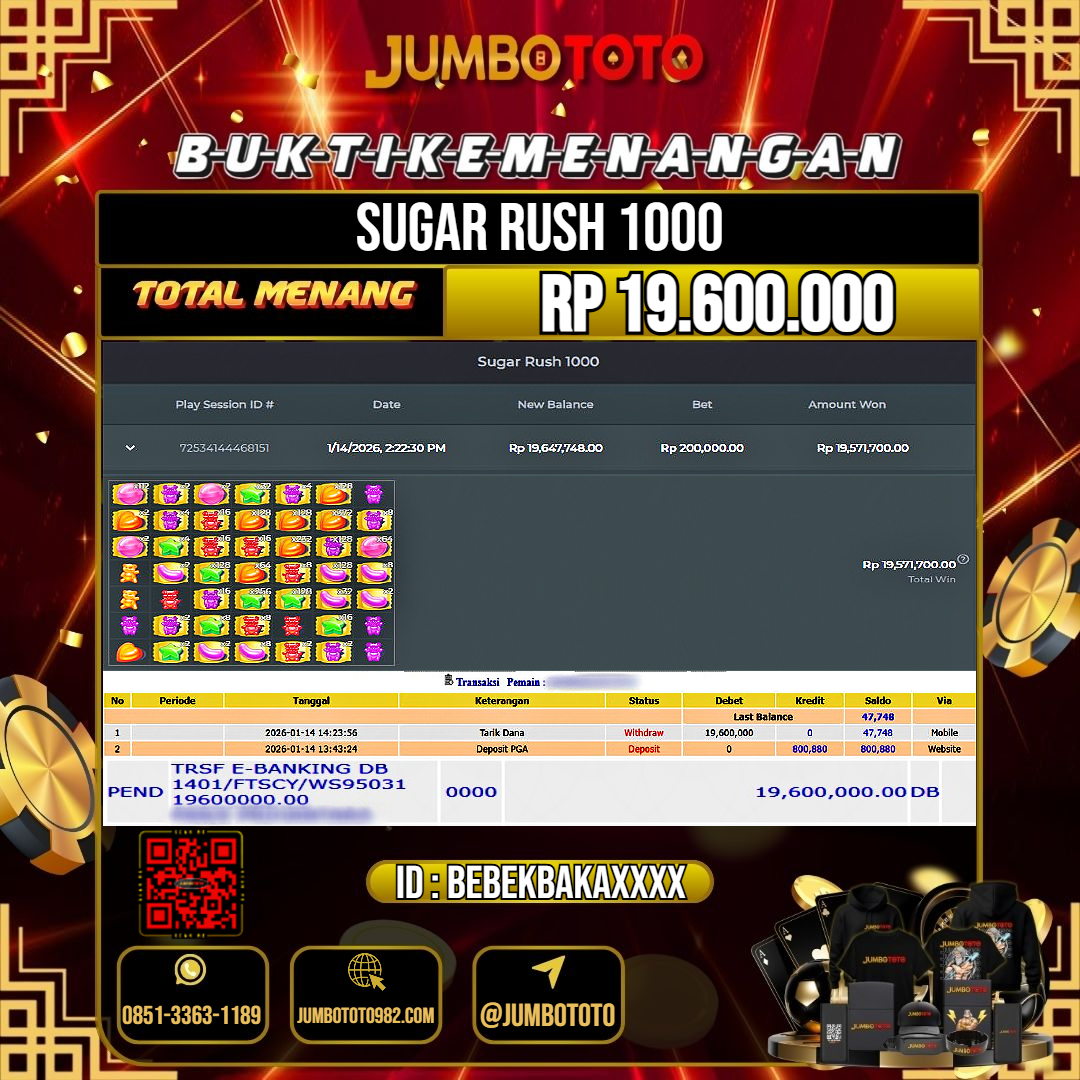 JUMBOTOTO JACKPOT SLOT SUGAR RUSH 1000 Rp.19.600.000 LUNAS USER ID : BEBEKBAKA***