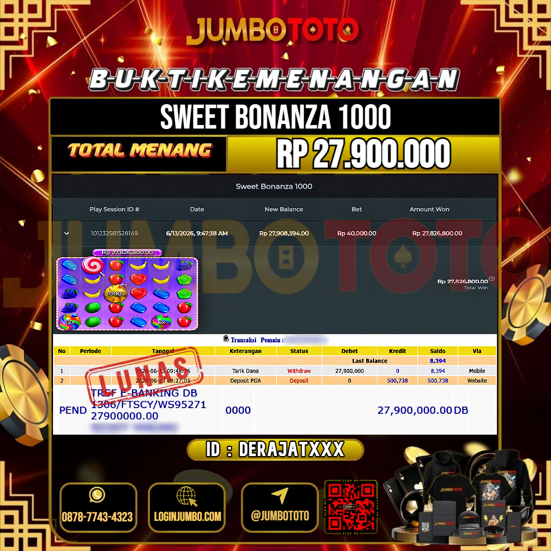 JUMBOTOTO JACKPOT SLOT SWEET BONANZA 1000 Rp.27.000.000 LUNAS USER ID : DERAJAT***