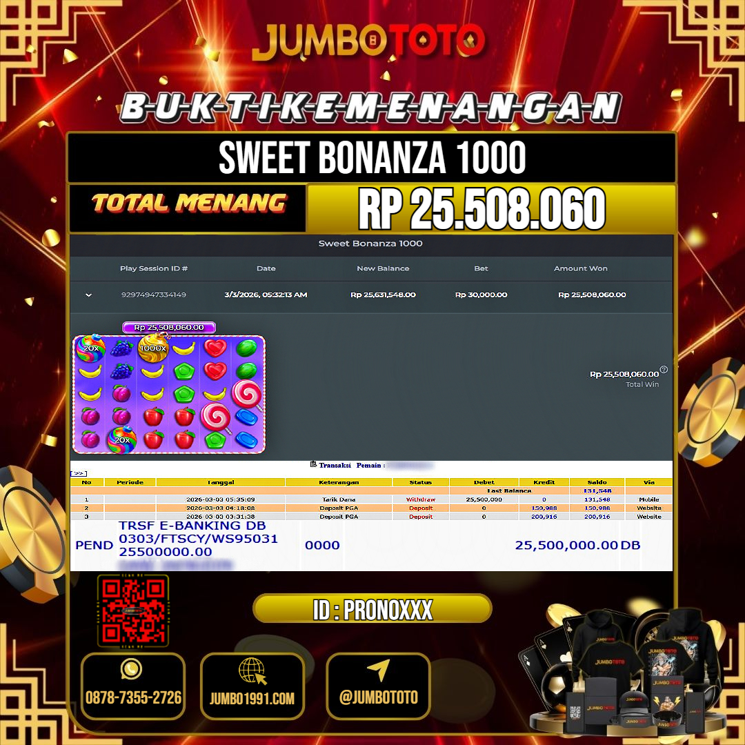 JUMBOTOTO JACKPOT SLOT SWEET BONANZA 1000 Rp.25.508.000 LUNAS USER ID : PRONO***