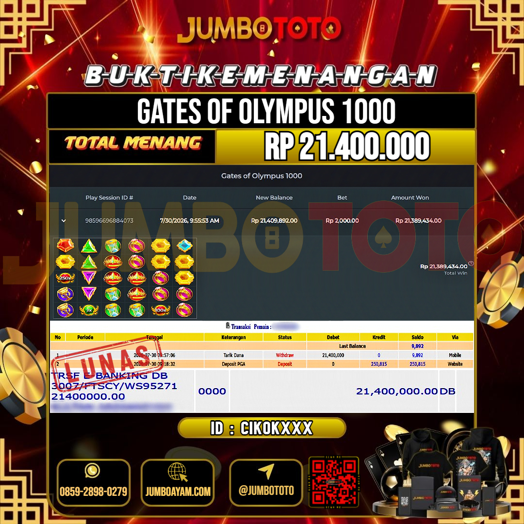 JUMBOTOTO JACKPOT SLOT GATES OF OLYMPUS 1000 Rp.21.400.000 LUNAS USER ID : CIKOK***