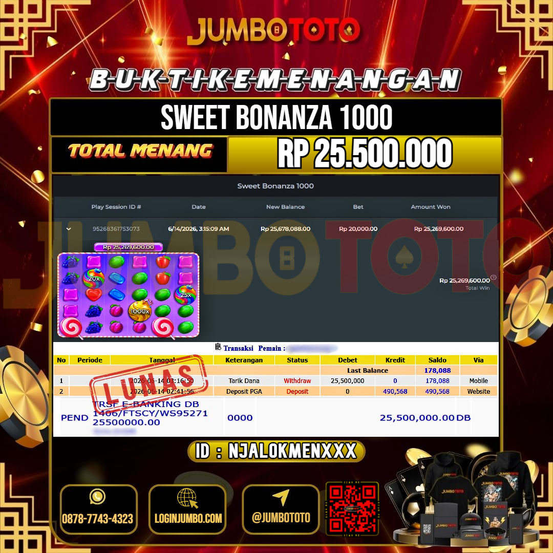 JUMBOTOTO JACKPOT SLOT SWEET BONANZA 1000 Rp.25.500.000 LUNAS USER ID : NJALOKMEN***