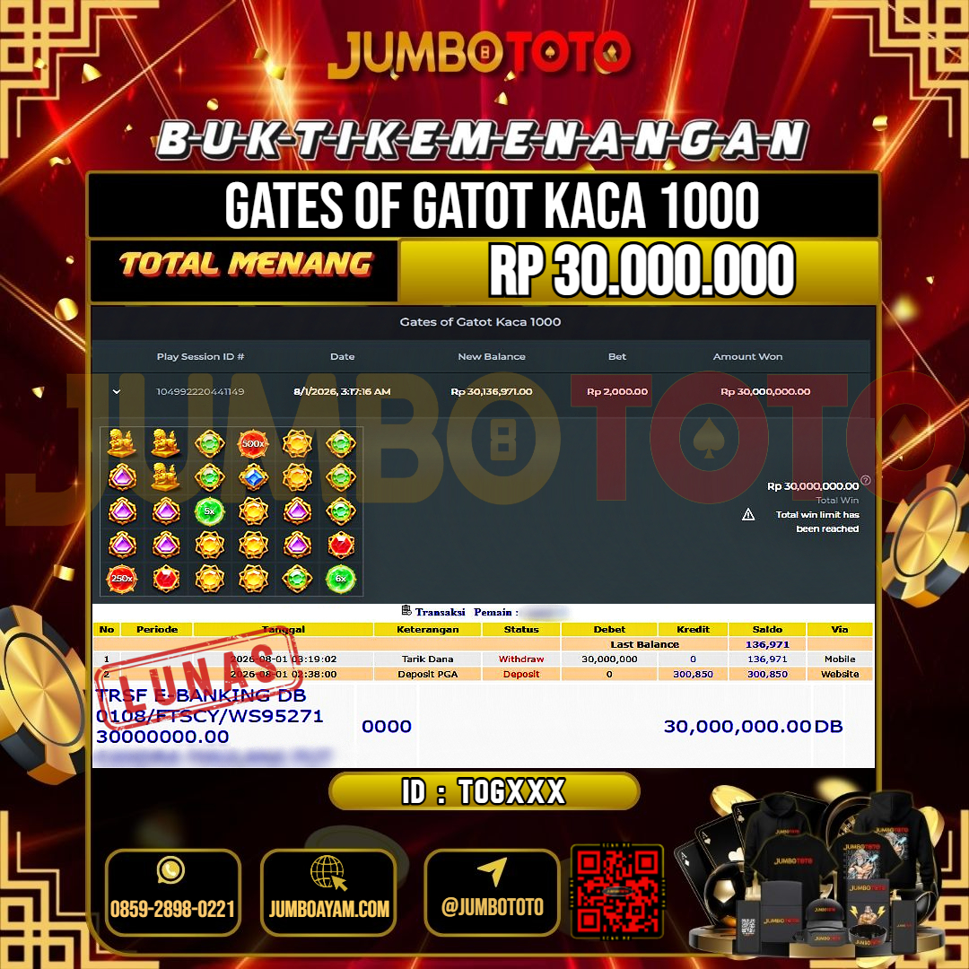 JUMBOTOTO JACKPOT SLOT GATES OF GATOT KACA 1000 Rp.30.000.000 LUNAS USER ID : TOG***