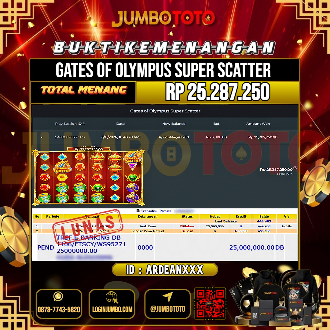 JUMBOTOTO JACKPOT SLOT GATES OF OLYMPUS SUPER SCATTER Rp.25.287.250 LUNAS USER ID : ARDEAN***