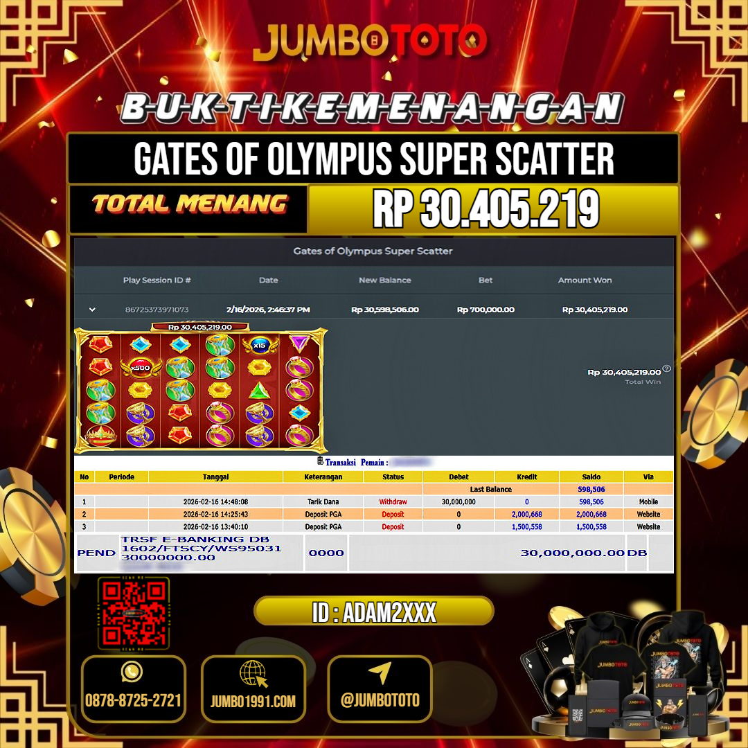JUMBOTOTO JACKPOT SLOT GATES OF OLYMPUS SUPER SCATTER Rp.30.405.219 LUNAS USER ID : ADAM2***