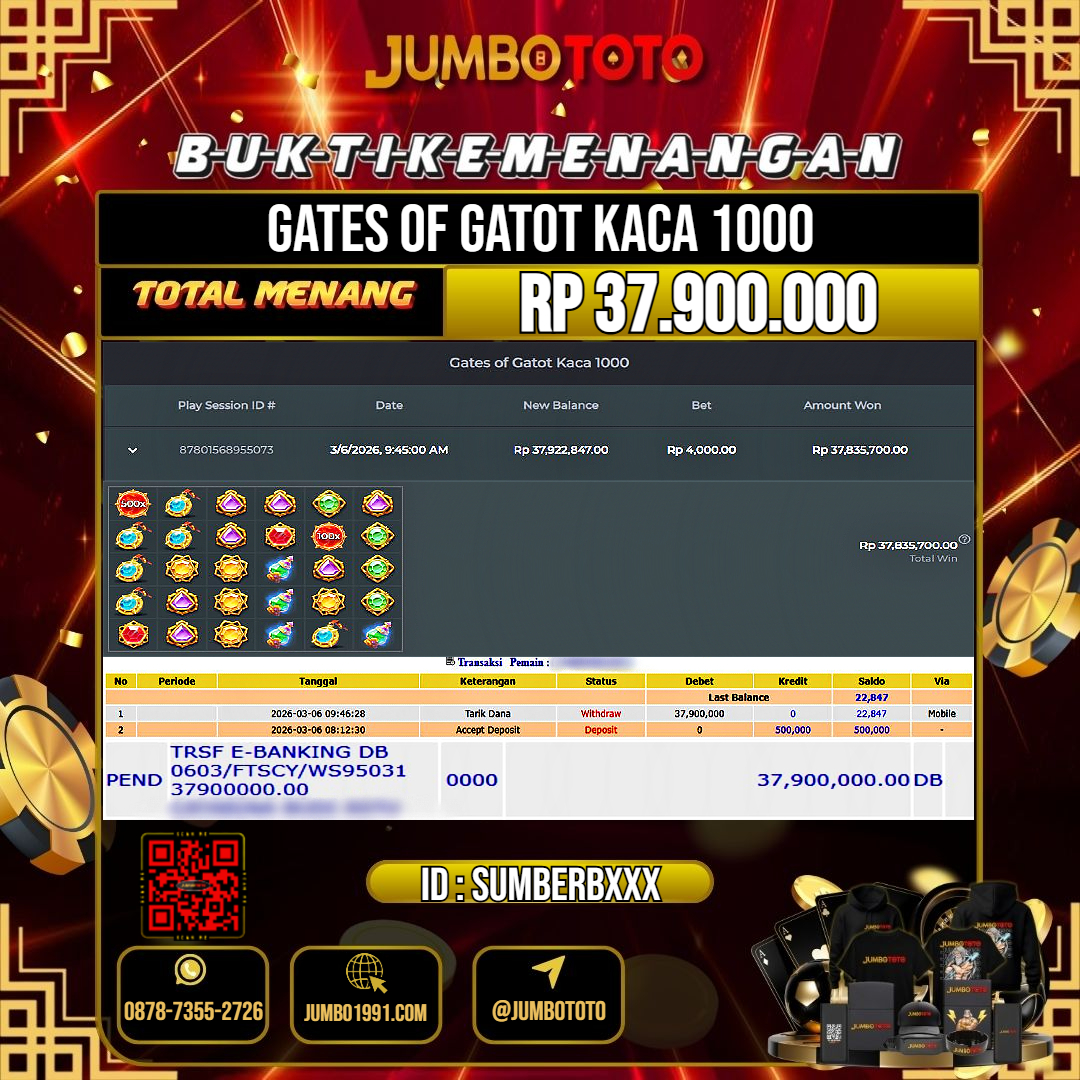 JUMBOTOTO JACKPOT SLOT GATES OF GATOT KACA 1000 Rp.37.900.000 LUNAS USER ID : SUMBERB***