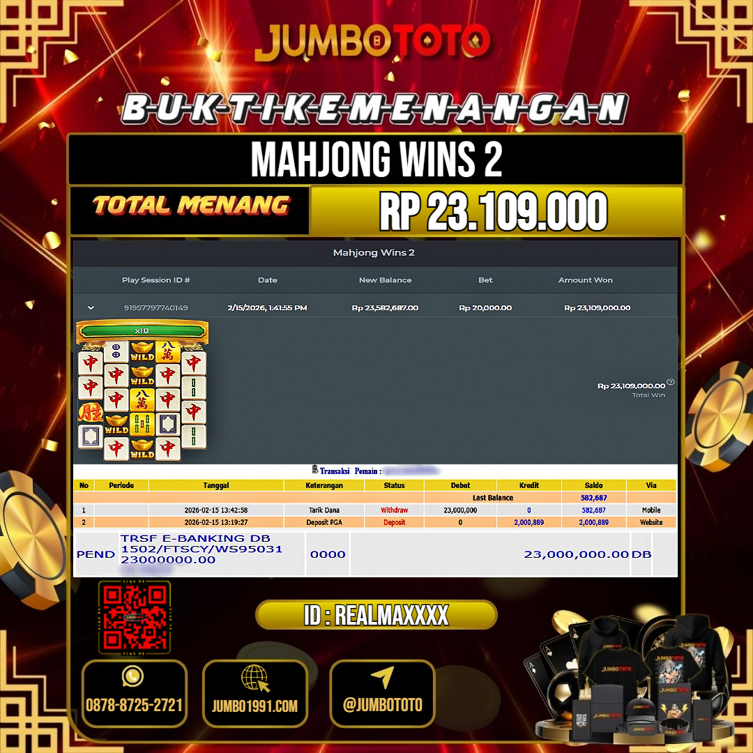 JUMBOTOTO JACKPOT SLOT MAHJONG WINS 2 Rp.23.109.000 LUNAS USER ID : REALMAX***